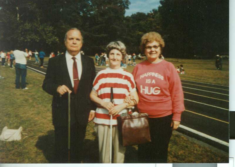 Walter Johnson, Ruth Bloss & Marian Dufense reunite at ISBVI's 1989 Homecoming.