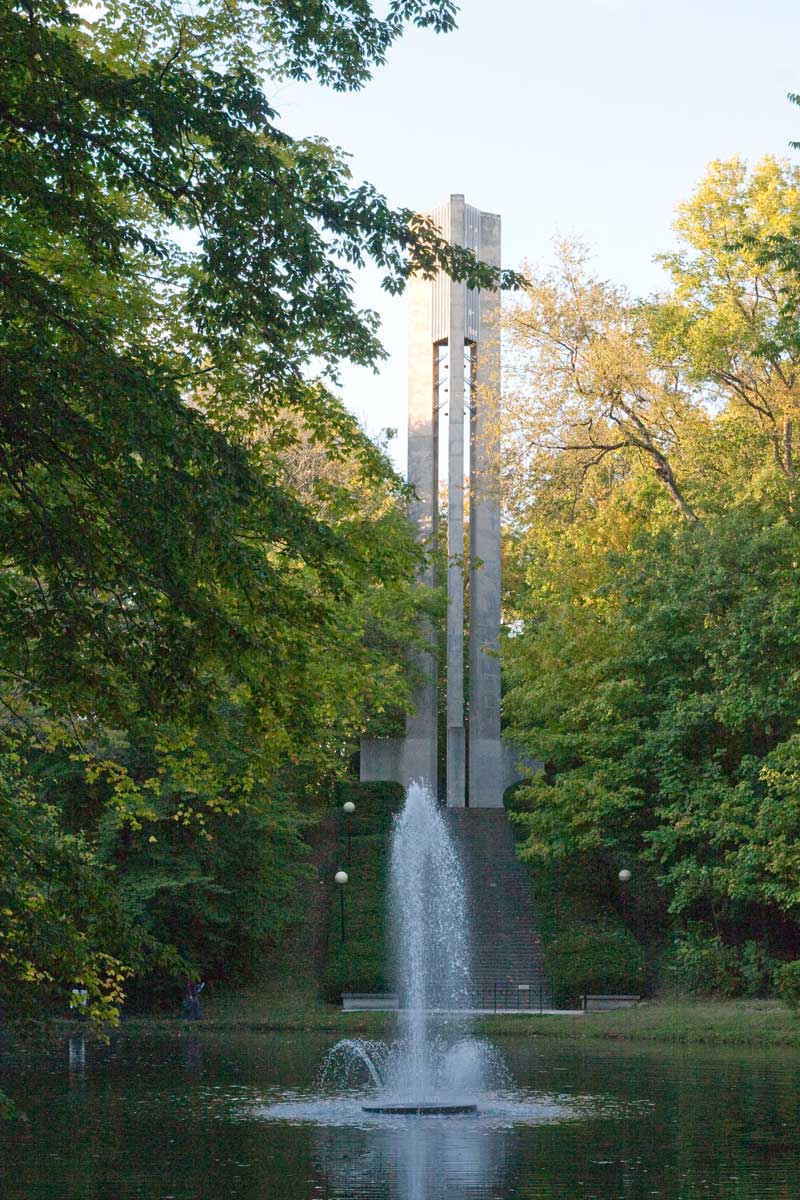 The carillon tower on Holcomb Pond