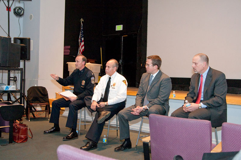 IMPD North District Commander Robert Holt, IFD Assistant Chief Dudley Taylor, District 3 Councillor and City-County Council President Ryan Vaughn, and City of Indianapolis Public Safety Director Frank Straub.