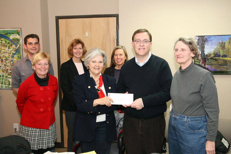 Kevin See, Karen Brogan, Connie Zeigler, Chris Carlson, Sharon Butsch-Freeland, Mark Dollase, and Sue Zilisch at the BRVA's Committee for Historic Broad Ripple meeting. Mark presented Chris with a check from the Historic Landmarks Foundation.