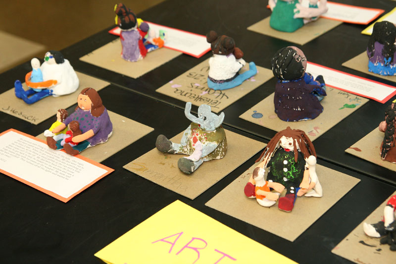 Samantha's clay elephant on display in the School 84 art room.