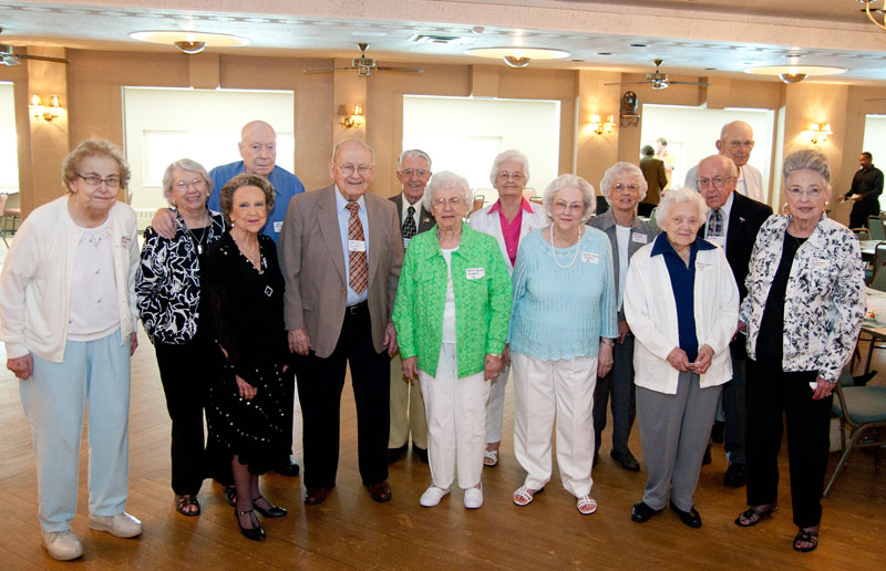 Left to Right: Betty (Murray) Siler 42, Suzanne (Reeder) Talbott 44, Betty (Reeve) Swain 40, Joe Talbott 40, Wally Scott 38, Alex Christ 40, Betty (Beaver) Roberts 42, Jane (Brown) King 40, Helen (Brown) Cravens 38, Marylee Wright 43, Dorothy (Yaryan) LaMar 39, James Nau 42, Fritz Anderson, June (McGhehey) Anderson 42.