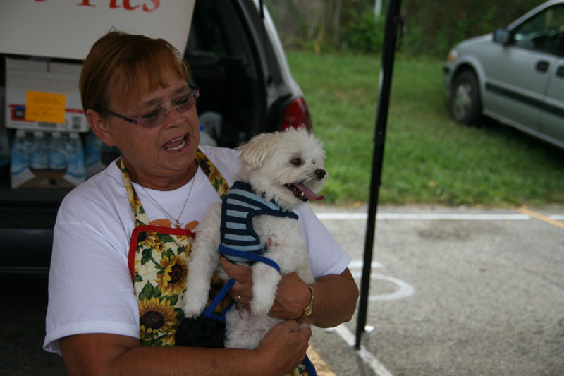Sammy the dog wore his favorite sweater to the market