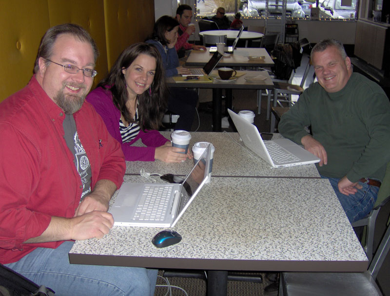 Erik Deckers and Paul Lorinczi of Pro Blog Service with social media entrepreneur Kelly Karrmann at a mobile office in Broad Ripple.