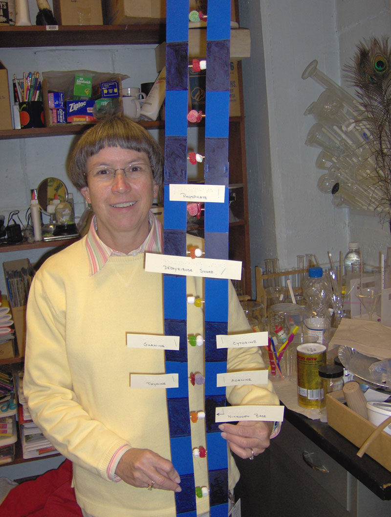 Becky Heck displays a DNA sample made from candy used as teaching aid in her science class.