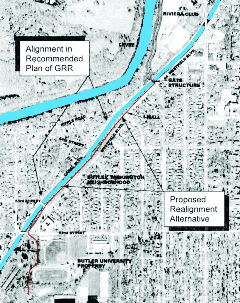 Red line shows proposed location of new levee wall between Westfield Boulevard and the canal between Riviera Club on the north and Butler on the south.