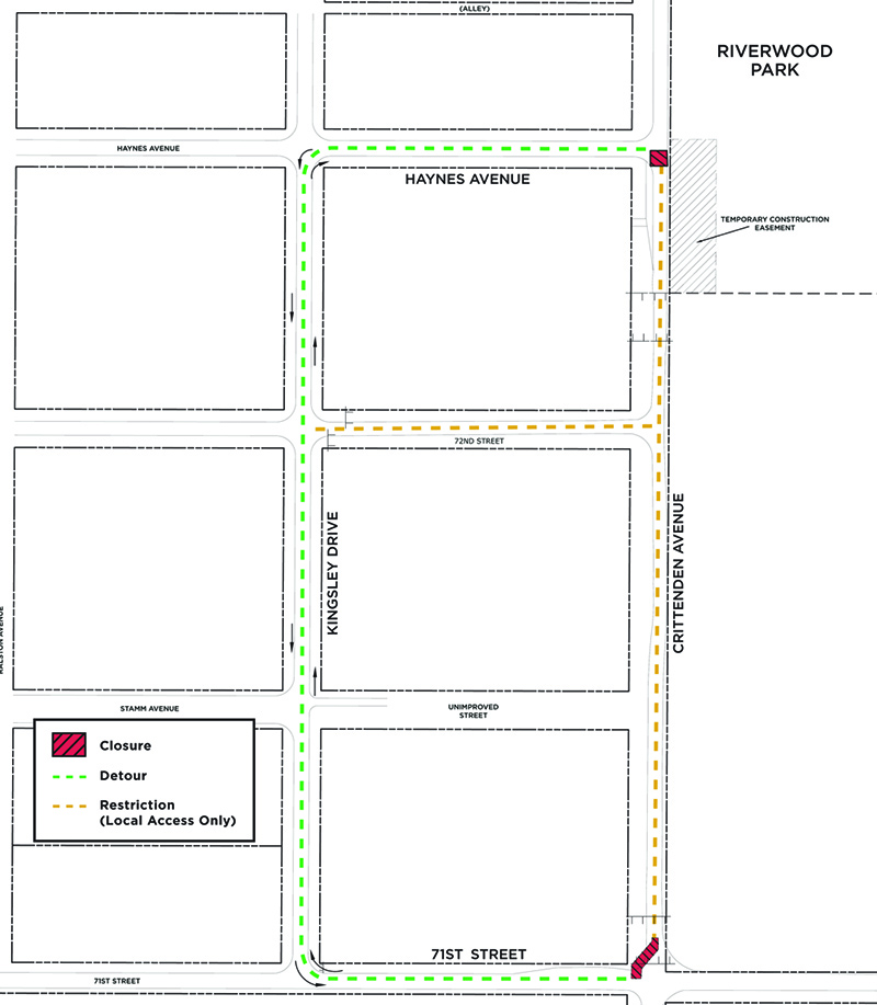 A DPW diagram showing the construction areas, street restrictions and detours in the Ravenswood area during Phase 1 of the Castleton Relief Sewer project.
