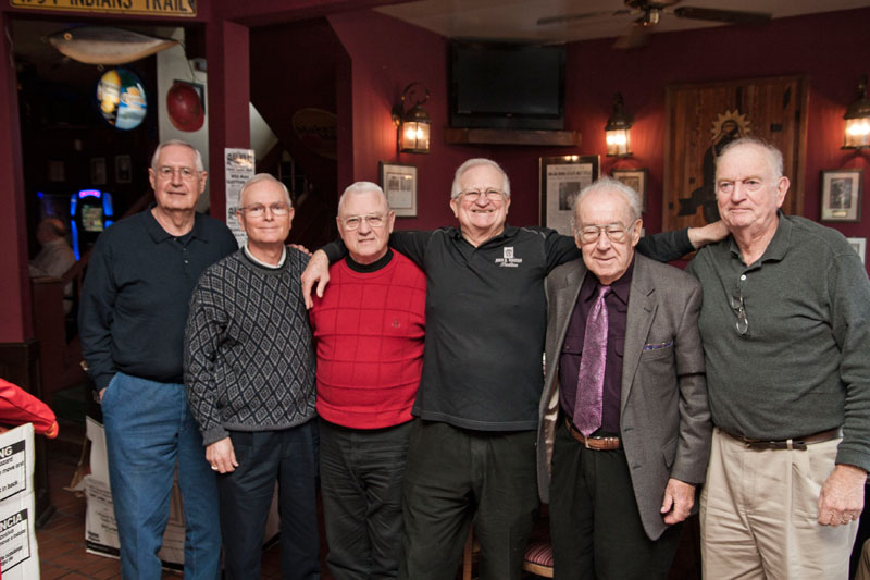 The 1954 Milan High School Indians at Plump's Last Shot: Rollin Cutter, Roger Schroder, Ray Craft, Bobby Plump, Clarence Kelly, and Gene White.