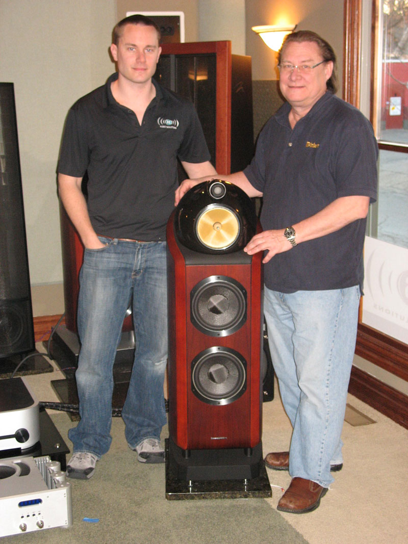Graham and Rick Lundeen with a Bowers & Wilkins speaker at Audio Solutions.