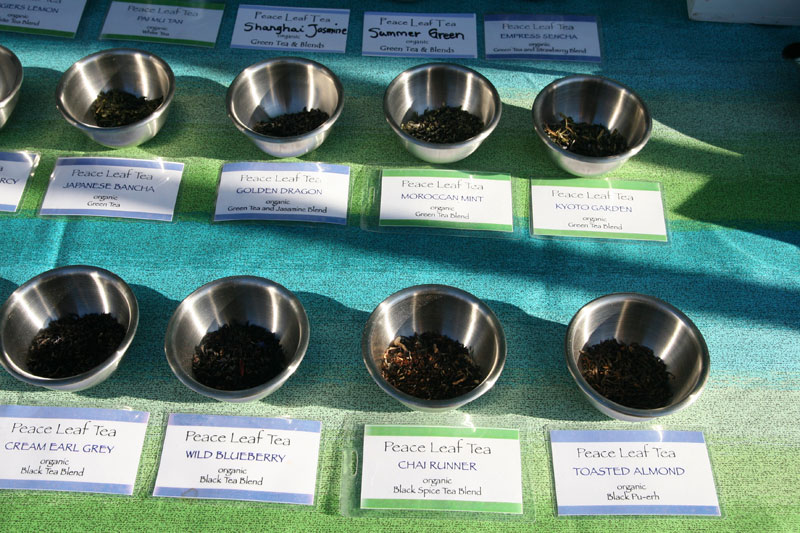 A table of teas at Peace Leaf Tea at the Wednesday evening market.