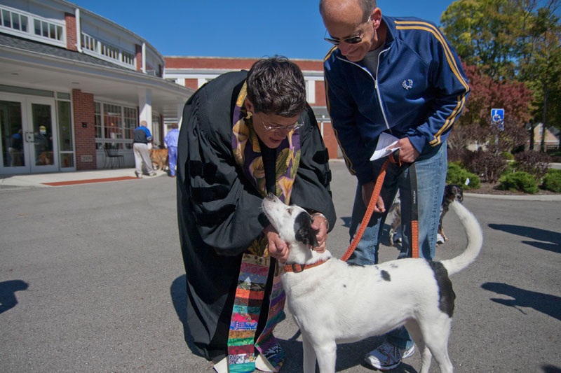 Reverend Dr. Teri Thomas blesses Lucy at Northminster Presbyterian Church's ceremony in the church parking lot.