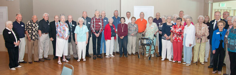  (left to right): Dorothy LaMar (39), Bob Woodruff (45), Don Herther (41), Fred Wood (41), Wally Scott (38), June Anderson (42), James Nau (42), Betty Roberts (42), Charles Reid (45), Jack Carter (46), Bill Guy (46), Rosemary Hague, John Hague (47), Josephine Eaton (47), John Long (47), Jean Clymer, Dick Clymer (47), Ruth Ann Picot (47), David St Pierre (47), Barbara Frost (47), Jane Bracken (47), Patricia Harlan (47), John Dellen (47), Rosemary Draga (47), Helen Frazier (47), June Huffman (47), Janet Feltner (48), Lorraine Mullendore (48), Ronald Elliott (47), Betty Swain (40), Jack Pecsok (48), Alex Christ (40), Jane King (40)