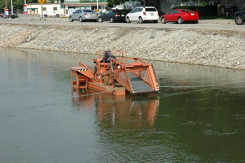 One of the canal weeder boats chained in place until needed.