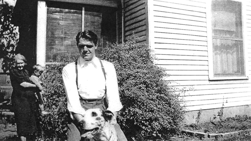 Yorick stood still just long enough for this 1931 photo. Paul Walker, age 18, holds Yorick. Paul's mother, and his nephew Jan Blake stand behind. Jan grew up to be the operator of the Hoosier Gardner, a garden store located behind the Vogue Theater.