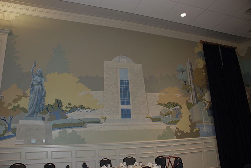 A mural of Butler University in Robertson Hall painted by Blice Edwards.