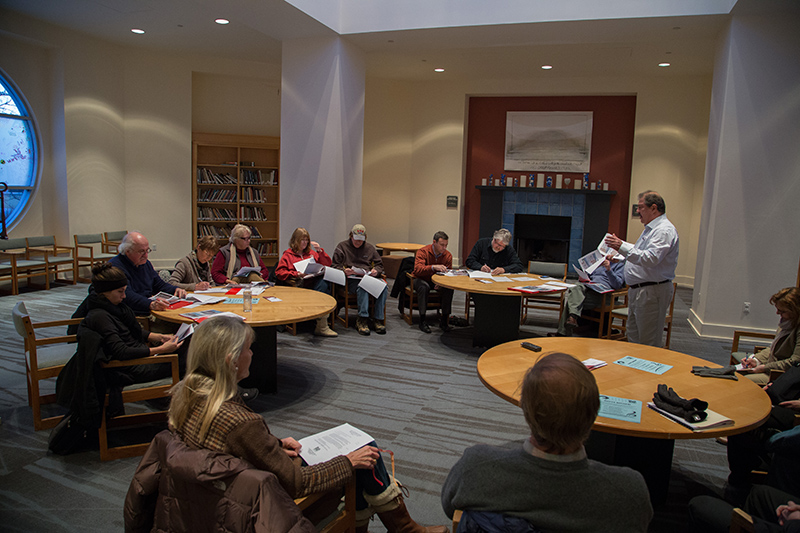 David Gilman presenting to the committee in the Ruth Lilly Library.