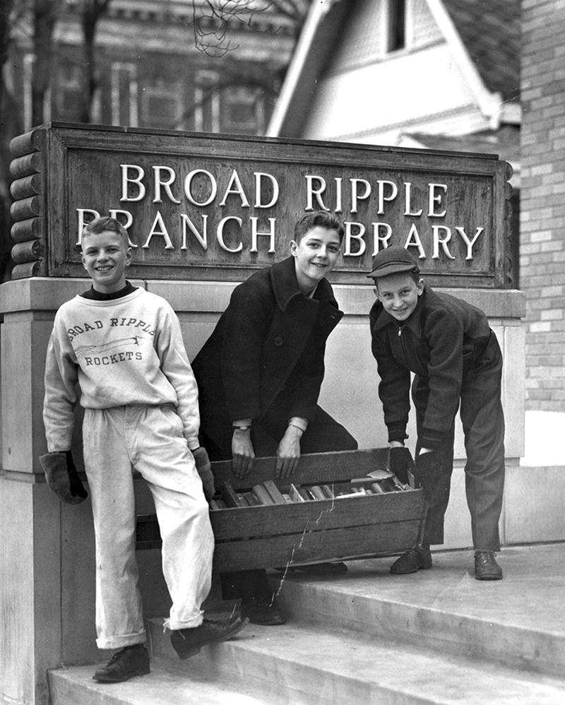 Boys helping to move books to the new Broad Ripple Branch in 1949. This location, 6219 Guilford Avenue [I5 on map], is currently SmallBox (in 2015).