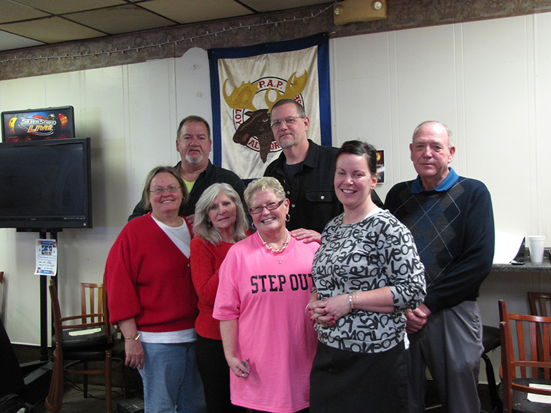 (Back Row) Stan Bright, Eric Renner, Bill Aikens (Front row) Anda Bright, Wanda Liebtag, Donna O'Brien and Sarah Clark at the Washington Township Moose Lodge 2138.