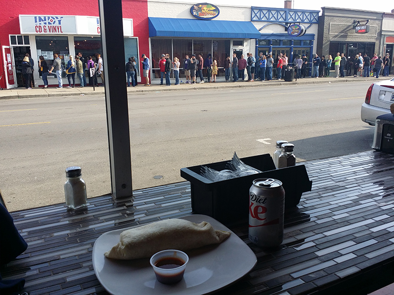Watching the line at Indy CD & Vinyl from breakfast at George's Tacos