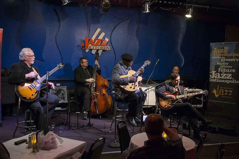 Indy Guitar Summit featuring (front) Bill Lancton, Frank Steans, and Joel Tucker, (back) Scott Pazera on bass and Gene Markiewicz on drums.