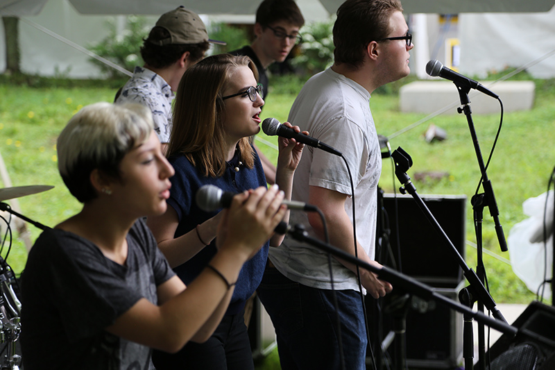 The School of Rock House Band: (from left to right): Brittny Kasprzyk on vocals, Anna Fagin on vocals, Justin Blanner on guitar, Kyle Curtis on keyboard and Jeremy Mueller on vocals.