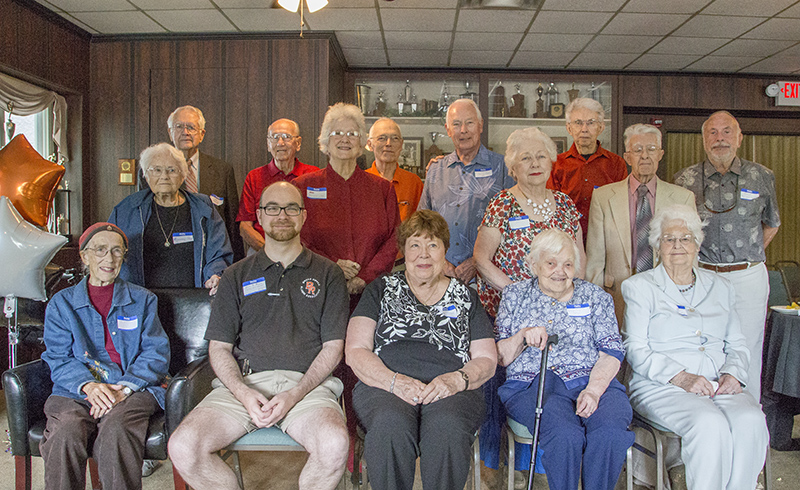 Front row (L to R): Jo Eaton Fisher [1947], John S. Hague [2006], Barbara Clymer [1951], Dorothy Yaryan LaMar [1939], Jane Brown King [1940].<br>2nd row (L to R): Rosemary Hague [Shortridge], Susan Bassett Hetherington [1949], Jan Weirick Wahls [1946], Alex Christ [1940].<br>Back row (L to R): John D. Hague [1947], Jack Fobes [1947], Dick Clymer [1947], Joe Clymer [1949], Jack Carter [1946], Dale Roberts [1945]. 