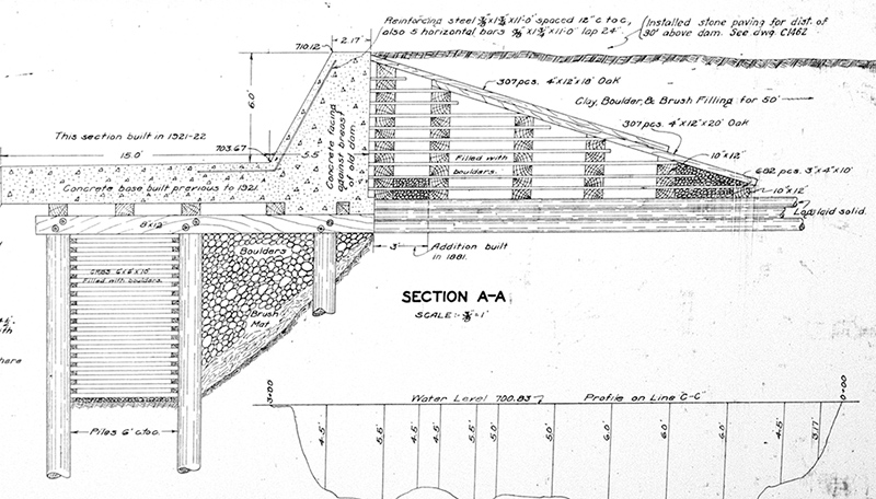 From the archives, a construction drawing of the Broad Ripple Dam showing additions to the structure and remediation over the years.