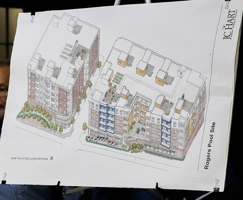The proposal for apartments on Westfield Boulevard at the current Rogers Pools site. This side would face the Monon Trail at 64th Street.