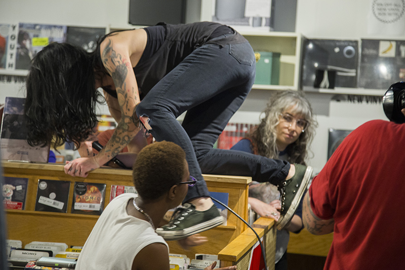 Jilly climbs up on the LP racks