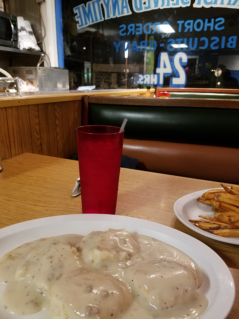 Otis' typical meal in the old days at The Peppy Grill - biscuits and gravy