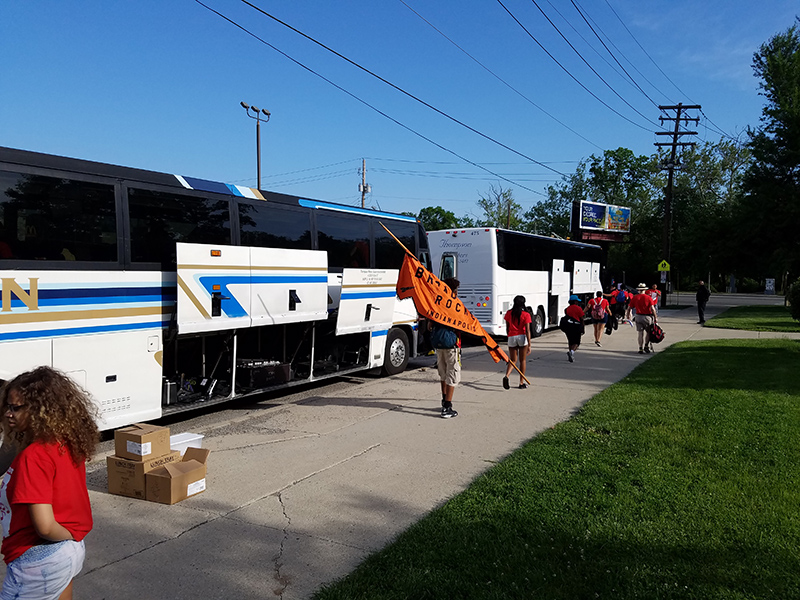 getting on the buses
