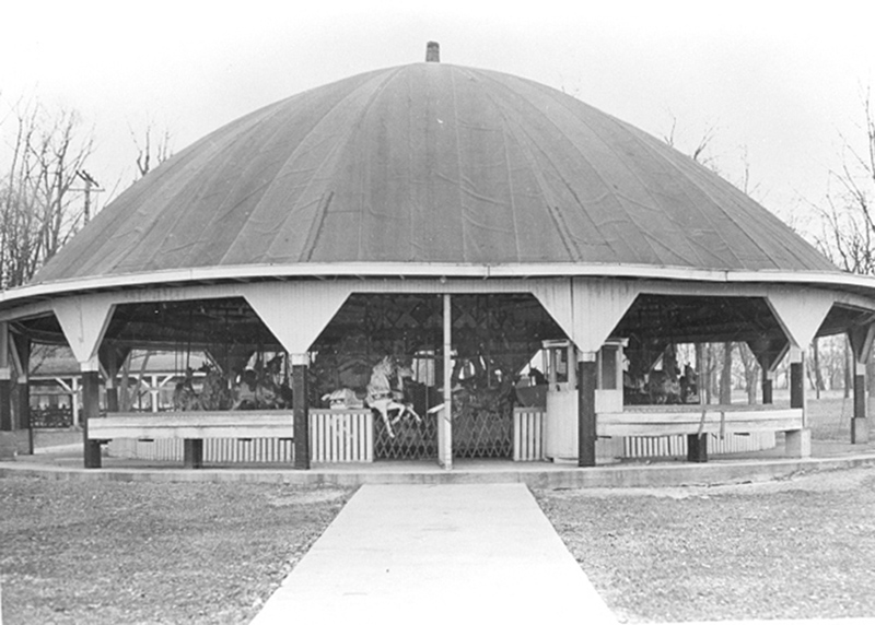 The carousel at Broad Ripple Park under the wooden dome.