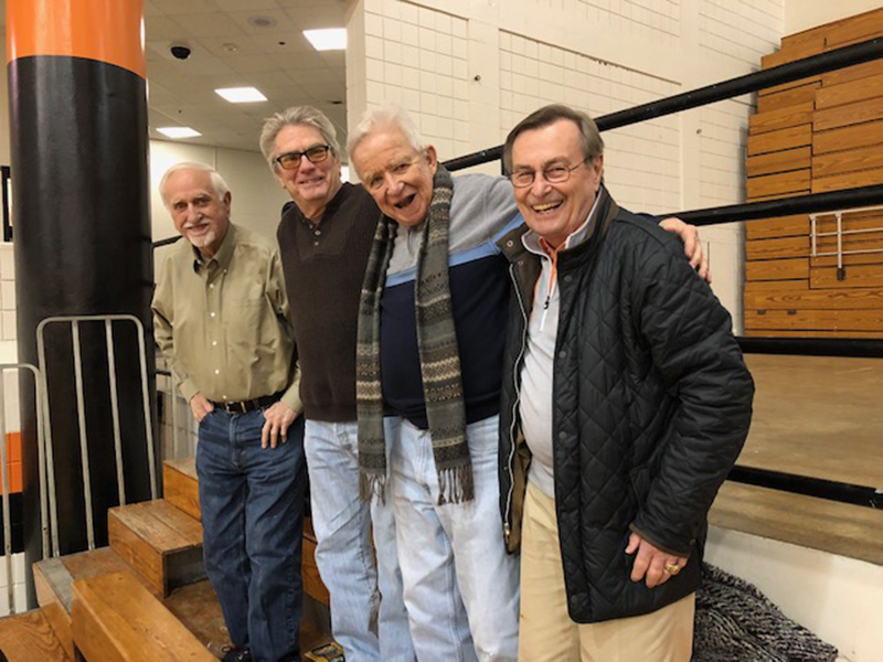 R to L. Jack Hogan, BRHS '63, Dan Wakefield, Shortridge '50, John Myers, LC '63 and Gene Neudigate, BRHS '52 (7th leading scorer in City senior year). Hogan played on '63 Rockets who were Sectional and Regional Champs. 