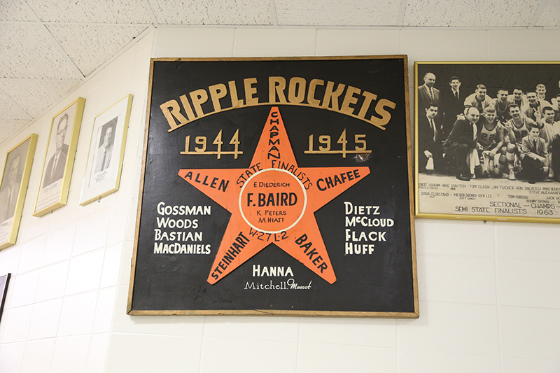 A plaque in the gym commemorating the Rockets in the 1945 State Finals.