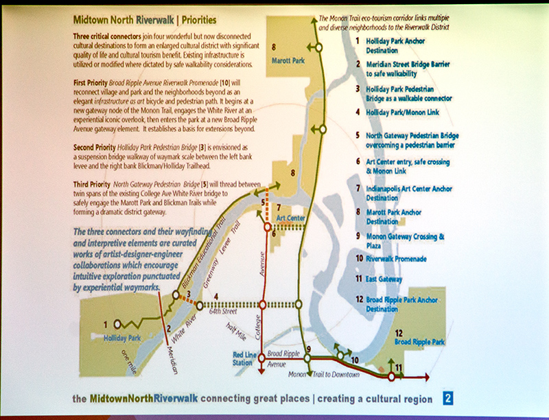 Slide presented at meeting showing the expanded Midtown North Riverwalk that could be realized if two large grants are awarded.