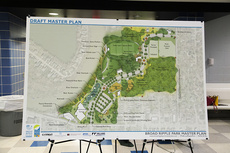 A draft of the new paster plan for Broad Ripple Park showing the new through road.