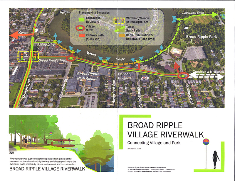 Broad Ripple Village Riverwalk illustration. This original plan end up part of a larger system if grants become available. (Design by Storrow Kinsella Associates)