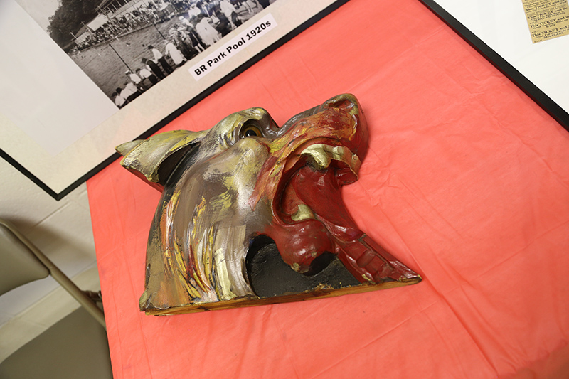 This vintage carved animal head was brought to the history exhibit by a resident. It is reportedly from the original carousel that was at the amusement park at Broad Ripple Park.