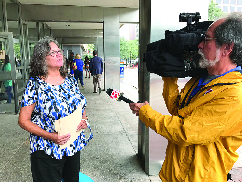 Pam Warren of Friends of Broad Ripple Pool talks to Channel 8 before the MDC meeting on August 15, 2018.