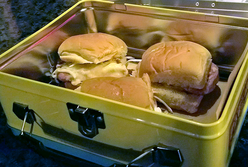 The Spam sliders at Tiki Tiki Lounge are served in a Pac-Man lunchbox