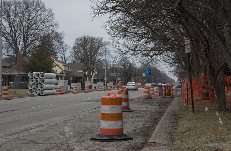 Stacks of new storm sewer drainage along College Avenue. This system is being upgraded as the Red Line construction progresses.