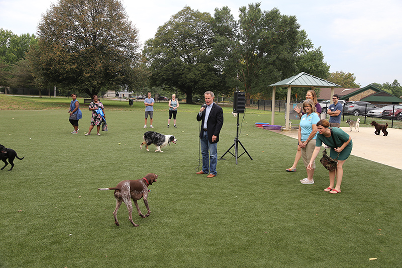 The Mayor was greeted by many of the visiting dogs at the park during his speech.