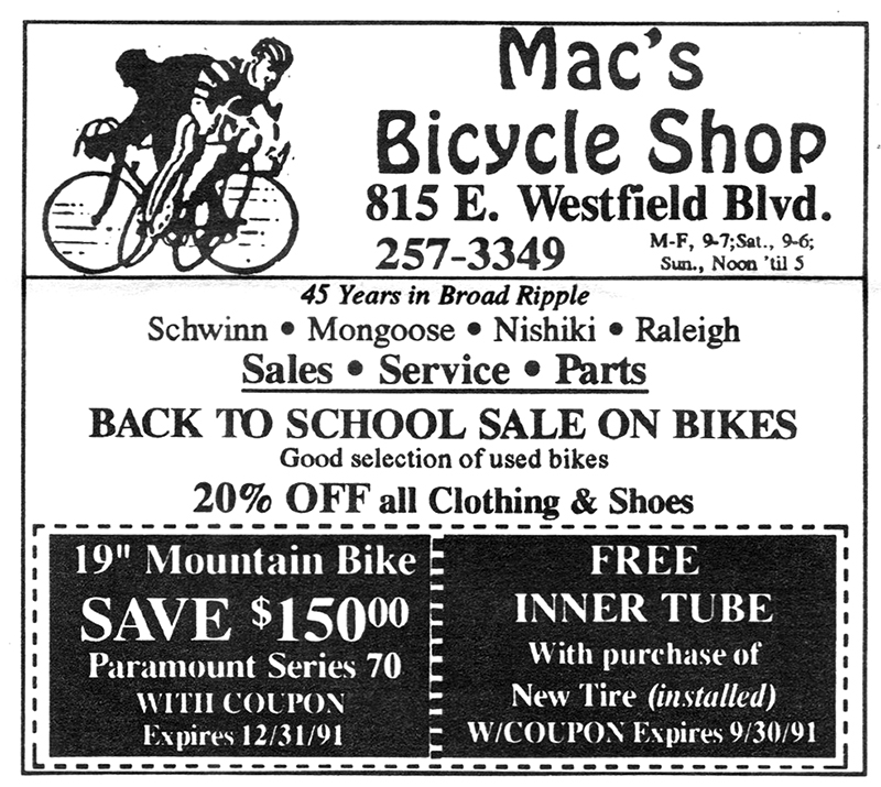 1991 ad for Mac's Bicycle Shop