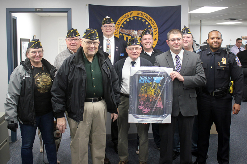 Detective Ivan Ivanov with Post 3 members Marilyn Derocher, Dan Cunningham, Skip Nunweiler, Ben Olsen, Pete Holtz, Mike Melton, Detective Ivanov, Andy May, and District Commander Michael Wolley