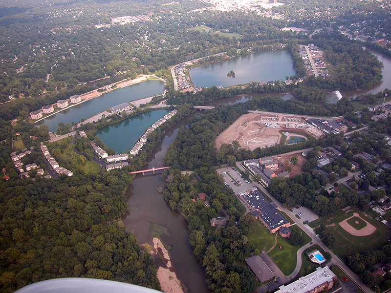 Some of the water in Broad Ripple as seen from the air, thanks to WIBC's Big John Gillis for taking the editor up during a traffic report for this photo.