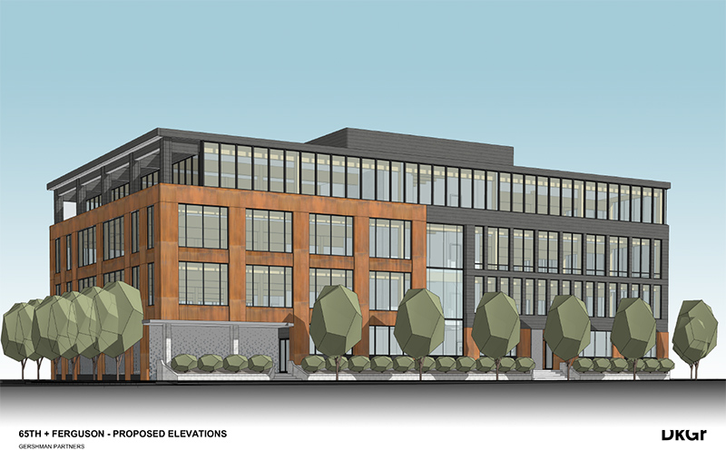 The rendering of the proposed building as seen from 65th and Ferguson, looking southeast.