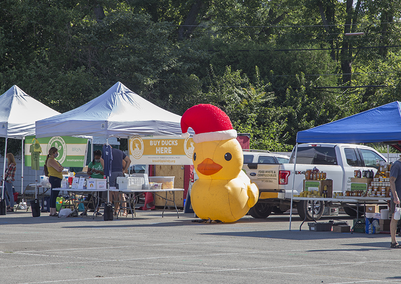 A huge duck promoting the virtual 2020 Duck Race for the BRVA