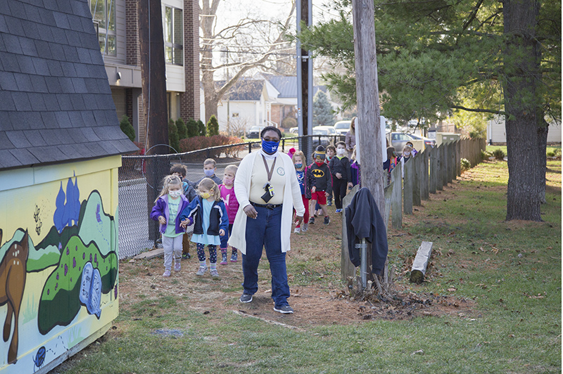 The preschool class arriving