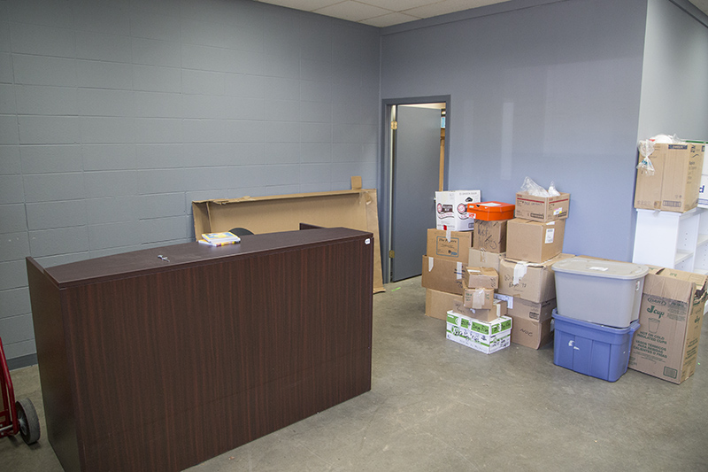 The new temporary office space in the building at the northeast corner of the parking lot.