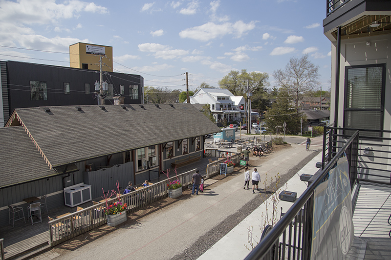 The view of the Monon Trail and brics from the lower outdoor patio